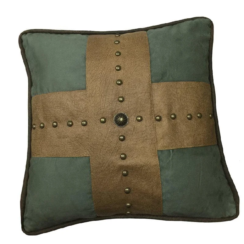 Plush Pillows for a Cozy BedLas Cruces Gold Studded Cross Throw Pillow, Tan & Turquoise