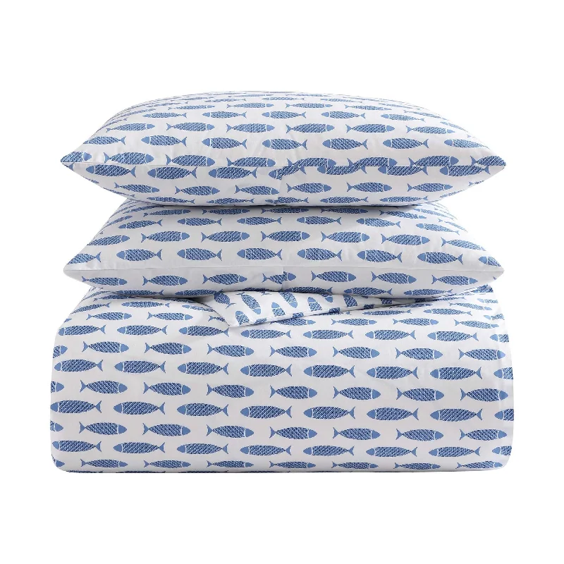 Oversized duvet covers that drape beautifully over the sides of the bed for a luxurious lookNautica Woodblock Fish Blue King Duvet Cover Set